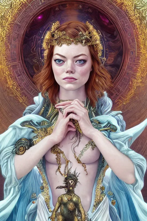 Image similar to Emma Stone as a Universal Goddess, cute, fantasy, intricate, elegant, highly detailed, digital painting, 4k, HDR, concept art, smooth, sharp focus, illustration, art by artgerm and H R Giger and alphonse mucha