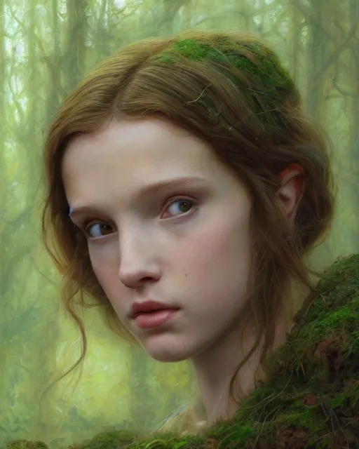 Image similar to a well - lit, realistic close - up portrait painting of a thoughtful girl resembling a young, shy, redheaded irish alicia vikander or millie bobby brown in moss - covered ancient stone ruins at sunset, highly detailed, intricate, concept art, artstation, by donato giancola, ron cobb, and artgerm