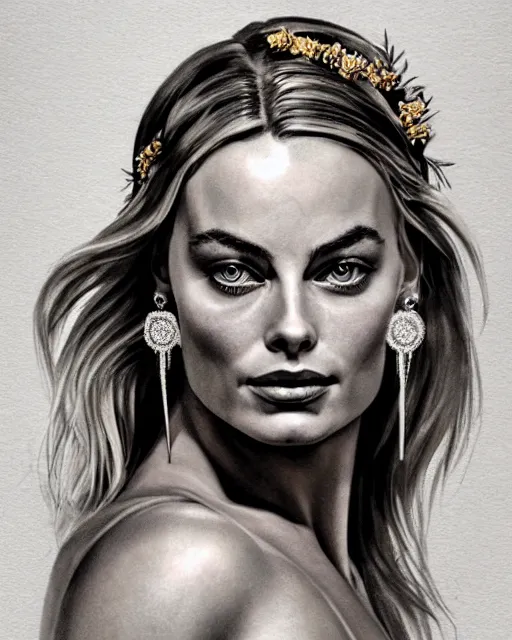 Image similar to realism tattoo sketch of margot robbie as a beautiful greek goddess aphrodite with piercing eyes wearing a laurel wreath and triangle earrings, in the style of greg rutkowski, amazing detail