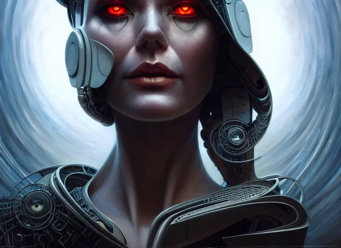 Image similar to portrait shot of a cyberpunk robot woman, intricate, elegant, highly detailed, centered, digital painting, artstation, concept art, smooth, sharp focus, illustration, artgerm, tomasz alen kopera, peter mohrbacher, donato giancola, joseph christian leyendecker, wlop, boris vallejo