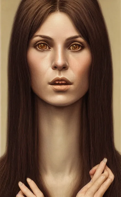 Image similar to a portrait of a beautiful thin fit girl with long straight dark brown hair light brown eyes and a round face, by laurie lipton, by karol bak, 8 k resolution, rendered in octane, zbrush, realistic shadows, volumetric lighting, backlit