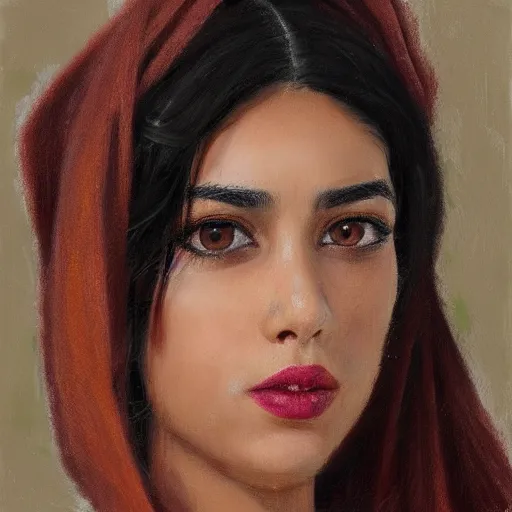 Image similar to portrait of a persian young lady with curly black hair, round face, thin lips, big brown eyes, photo, hyperrealistic, focused, detailed