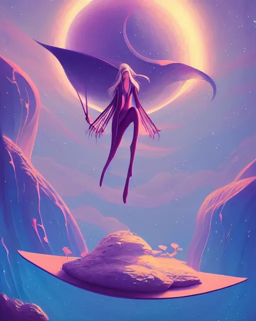 Image similar to beautiful painting of elven on a flying bed, art by mike winkelmann and by petros afshar, sky night, illustration, highly detailed, simple, smooth and clean vector curves, no jagged lines, vector art, smooth, artstation