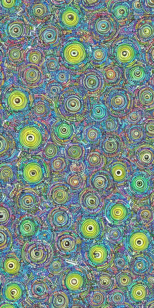 Image similar to a seamless pattern of Cybernetic Eyes with intricate reflections and circuits, colorful, fantasy, vivid colors, symmetrical, large motifs, concept art, sharp focus, digital art, Hyper-realistic, perfect symmetry, karim rashid, Marc Newson, 4K, Unreal Engine, Highly Detailed, HD, Dramatic Lighting by Brom, trending on Artstation, photorealistic, masterpiece, smooth gradients, no blur, sharp focus,insanely detailed and intricate, cinematic lighting, Octane render, epic scene, 8K