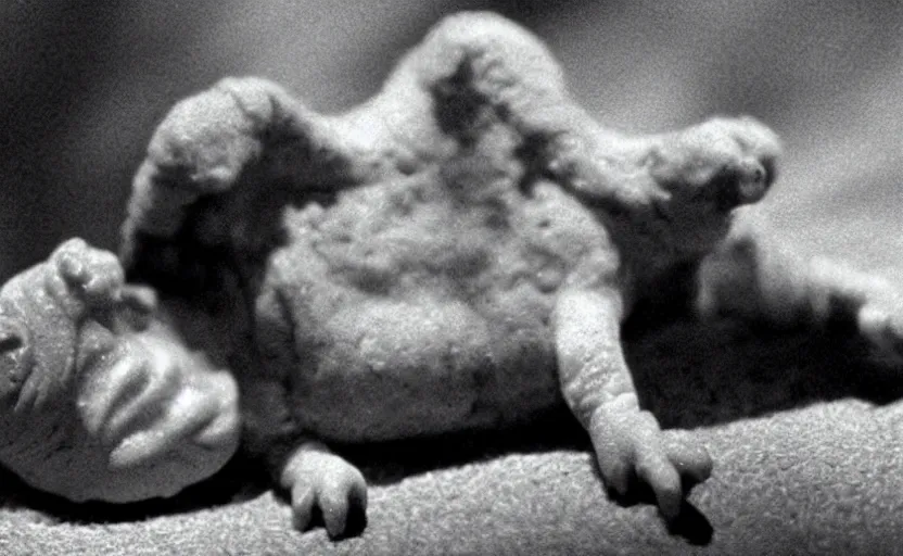 Image similar to a still from eraserhead ( 1 9 7 7 ), a tardigrade as the eraserhead baby, practical effects, sharp, very detailed, great quality, high contrast, industrial