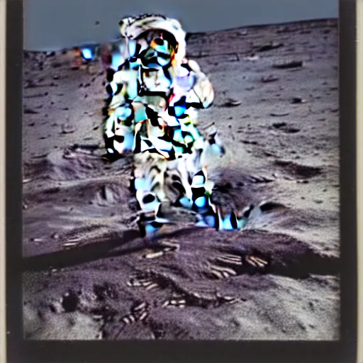 Prompt: a vintage Polaroid of Albert Einstein landing on the moon, visor up