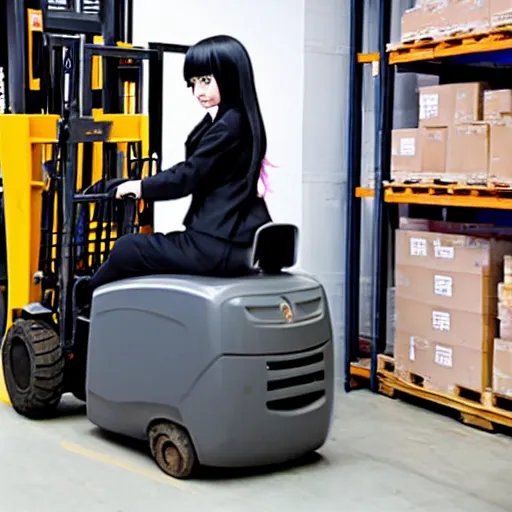 Image similar to a person cosplaying homura akemi operating a forklift