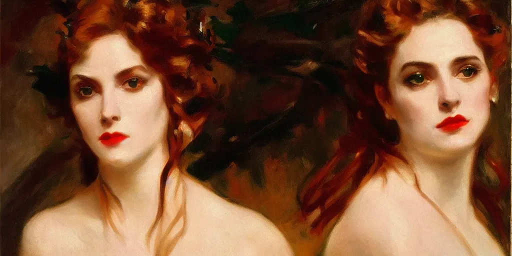 Image similar to Close-up portrait of a femme fatale, by John Singer Sargent, Albert Bierstadt, Ernst Haeckel, James Jean, emotional, cinematic atmospheric, moody atmosphere, oil on canvas, artstation