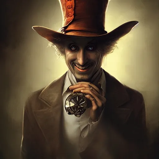 Image similar to The Madhatter, digital painting, lots of details, extremely detailed, 4k, intricate, brush strokes, Artgerm, Bastien Lecouffe-Deharme