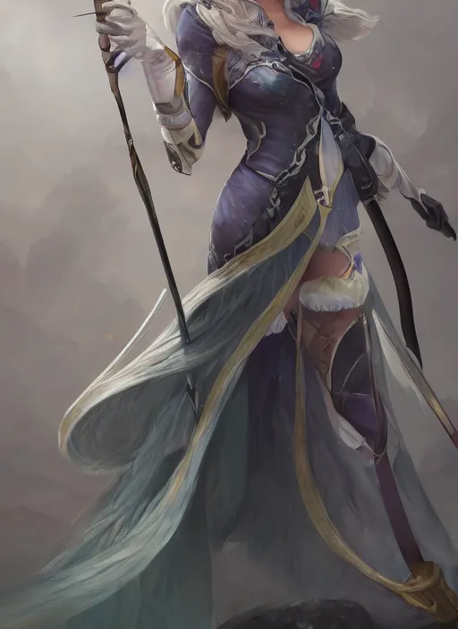 Image similar to ashe, from league of legends, shooting arrows with a silver bow, wearing fluffy skin, long skirt, hyper detailed, digital art, trending in artstation, cinematic lighting, studio quality, zoom in, smooth render, unreal engine 5 rendered, octane rendered, art style by klimt and nixeu and ian sprigger and wlop and krenz cushart