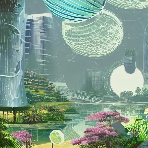 Image similar to beautiful happy picturesque charming organic futuristic sci - fi city integrated in nature. water and plants. beautiful light. grainy and rough. soft colour scheme. beautiful artistic vector graphic design by lurid. ( 2 0 2 2 )