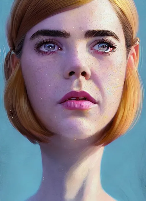 Image similar to portrait of kiernan shipka with freckles, white hair, big 1 9 6 0 s bob hairstyle with bangs and hairband, blue 1 9 6 0 s dress, intricate, elegant, glowing lights, highly detailed, digital painting, artstation, concept art, smooth, sharp focus, illustration, art by wlop, mars ravelo and greg rutkowski