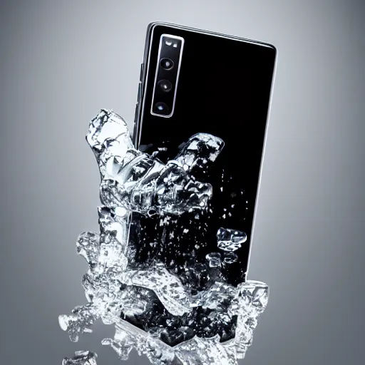 Image similar to samsung galaxy s 2 1 ultra covered in ice, cinematic, 4 k, spotlight, studio lighting, ray tracing global illumination, shiny, ray tracing reflections, insanely detailed and intricate, hypermaximalist, elegant, ornate, hyper realistic, super detailed