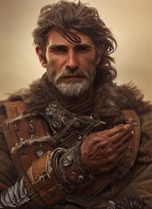 Prompt: portrait of a ruggedly handsome ranger, hands details, muscular, half body, leather, hairy, d & d, fantasy, intricate, elegant, highly detailed, digital painting, artstation, concept art, smooth, sharp focus, illustration, art by artgerm and greg rutkowski and alphonse mucha