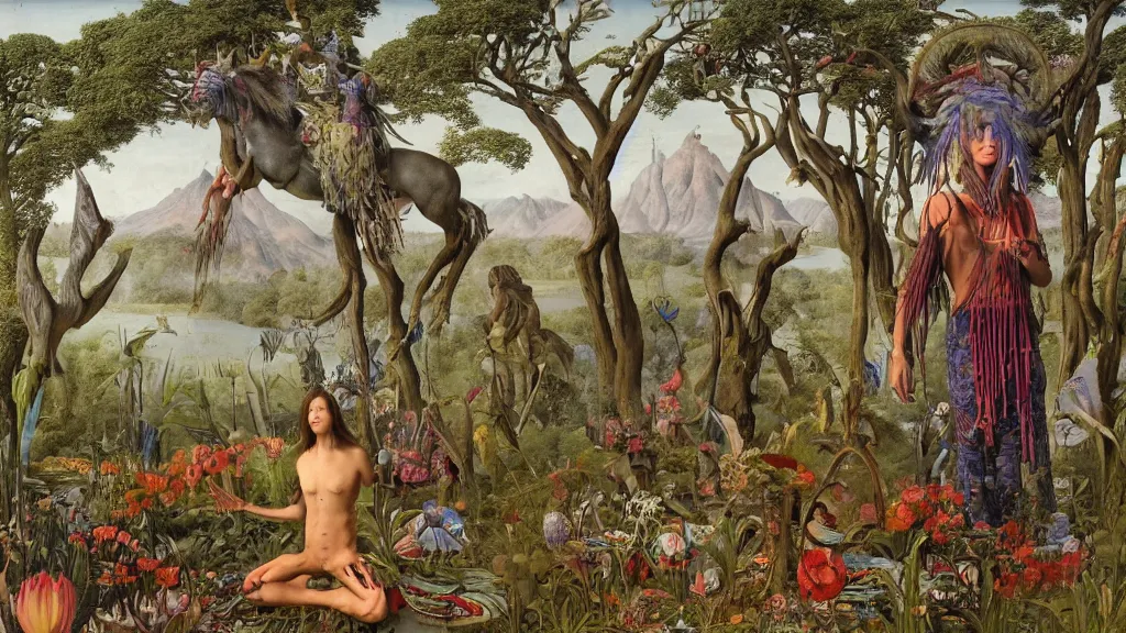 Prompt: a photograph of a meditating centaur shaman mutating into a savage fanged beast. surrounded by bulbous flowers and a few trees. river delta with mountains under a blue sky full of burning stars and birds. painted by jan van eyck, max ernst, ernst haeckel, ernst fuchs and artgerm. trending on artstation, fashion editorial