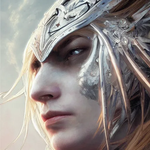 Image similar to portrait of knight, white eyes, white long hair, scar on face, handsome, elegant, intricate, headshot, highly detailed, digital painting, artstation, concept art, sharp focus, illustration, art by artgerm and greg rutkowski and alphonse mucha