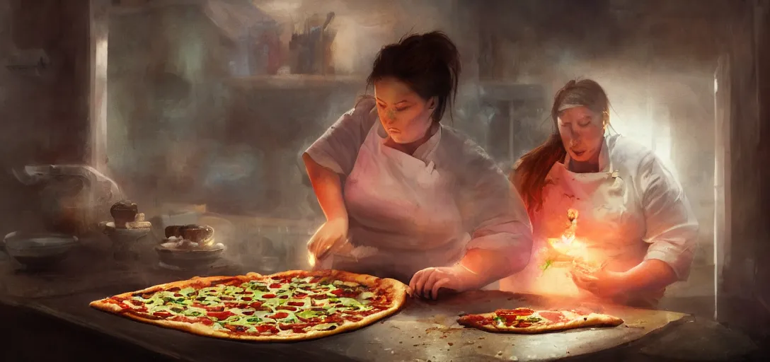 Prompt: a chubby female chef experimenting on a pizza, happy, mysterious, fog, magical, colorful, 8k, james gurney, greg rutkowski, john howe, artstation