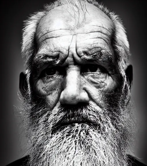 Prompt: portrait of a prisoner, 7 0 yo with white beard, angry look, dark background, studio light, hdr, nikon 3 5 mm f / 1. 8 g, by sebastiao salgado
