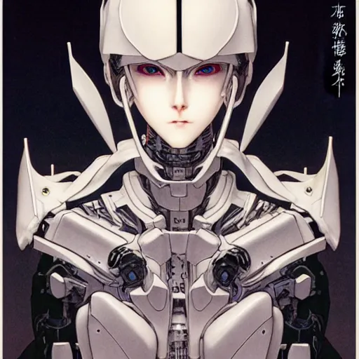 Image similar to prompt : photorealistic cinematic 3 d render of persona soft light painted by takato yamamoto, white mecha attributes and armor, inspired by ghost in shell anime, smooth face feature, intricate oil painting, high detail, sharp high detail, manga and anime 1 9 8 0