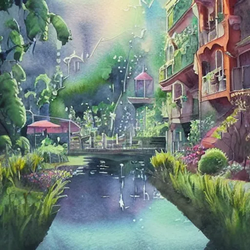 Image similar to Beautiful happy picturesque charming sci-fi town in harmony with nature. Beautiful light. Water and plants. Nice colour scheme, soft warm colour. Beautiful detailed artistic watercolor by Lurid. (2022)