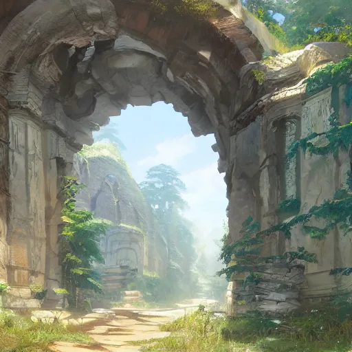 Image similar to concept art painting of an ornate ancient stone archway, in the woods, realistic, detailed, cel shaded, in the style of makoto shinkai and greg rutkowski and james gurney