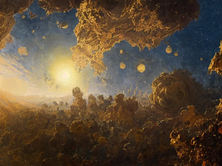 Prompt: an oil painting of an alien planet with a fractal crystal floating above the ground reflecting light by carl spitzweg and tuomas korpi. baroque elements, full-length view. baroque element. intricate artwork by caravaggio. Trending on artstation. 8k