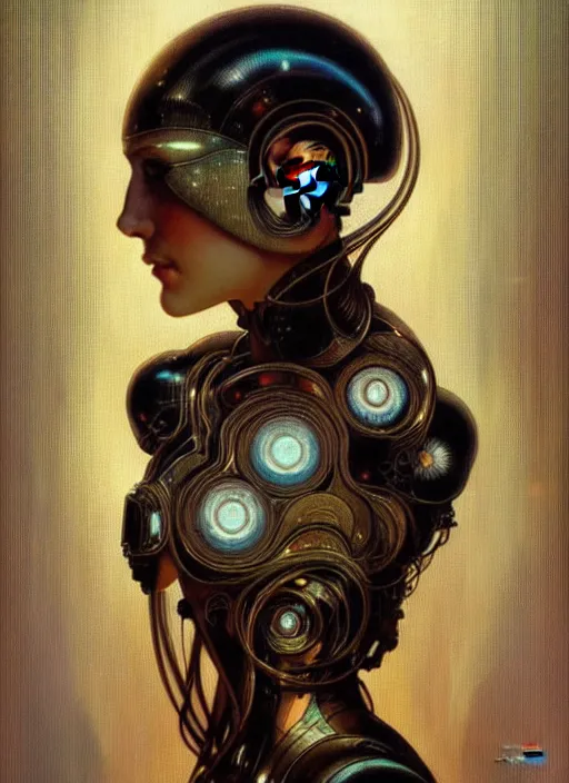 Prompt: portrait of a beautiful female android, coy, circuitry visible in head, in the style of ex machina, karol bak, alphonse mucha, greg rutkowski, award winning, hr giger, artstation, 8 k