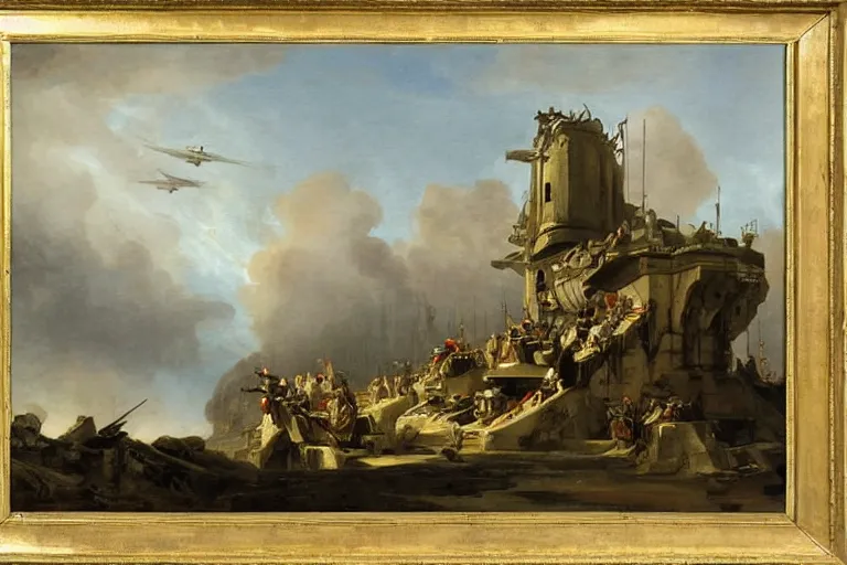 Image similar to flight military unit f - 1 6 painting by hubert robert detailed