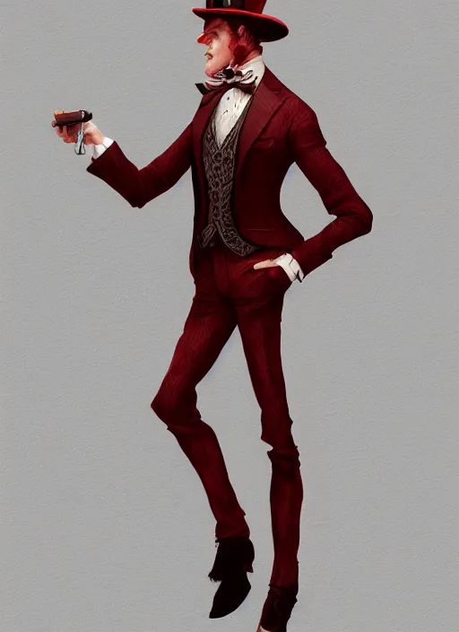 Prompt: a highly detailed illustration of stylish top hat wearing red haired attractive man, wearing suit vest, leaning back pose, intricate, elegant, highly detailed, centered, digital painting, artstation, concept art, smooth, sharp focus, league of legends concept art, WLOP