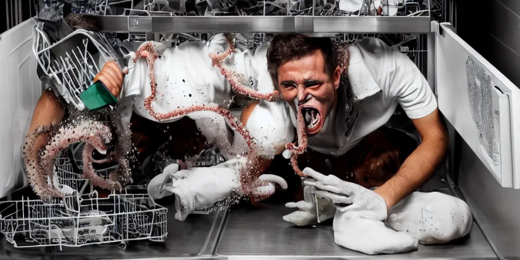 Image similar to a man constructed from the parts of a broken dishwasher. he is crouching inside a refrigerator and a squid is emerging from his gaping torn mouth