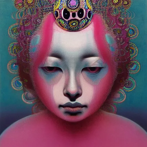 Image similar to the queen of pink by takashi murakami and zdzisław beksiński, oil on canvas, intricately detailed artwork, full 8k high quality resolution, recently just found unknown masterpiece