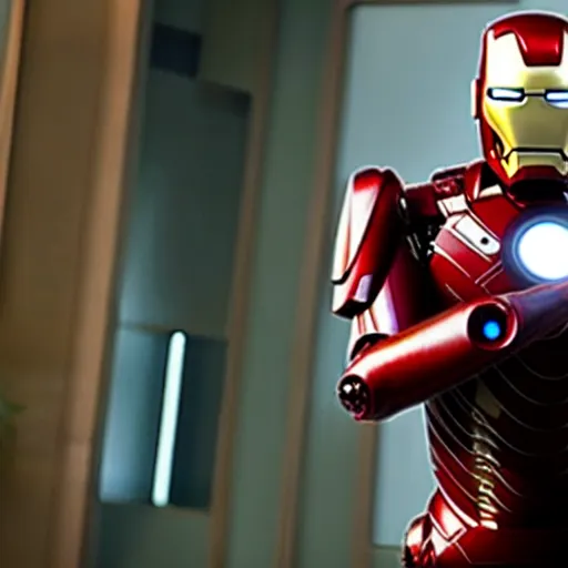 Image similar to mr. bean as ironman in the avengers movie. movie still. cinematic lighting.