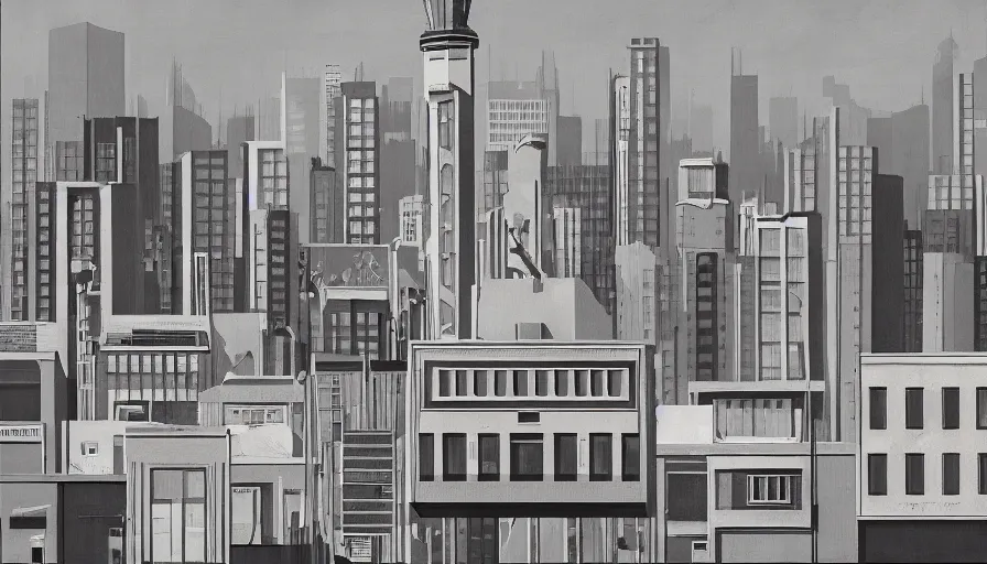 Image similar to american city, modern times, a weird apartment, four stories high, with a huge water tank on the roof. the color of the picture is gray, and the painting style is retro