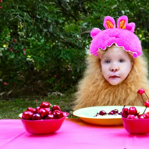 Prompt: a lion wearing a pink costume and eating a bowl of cherries