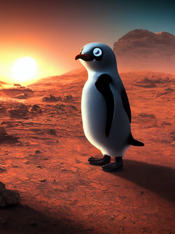 Image similar to portrait art of Pingu on mars, 8k, ultra realistic , lens flare, atmosphere, glow, detailed, intricate, full of colour, cinematic lighting, trending on artstation, 4k, hyperrealistic, focused, extreme details, unreal engine 5, cinematic, masterpiece