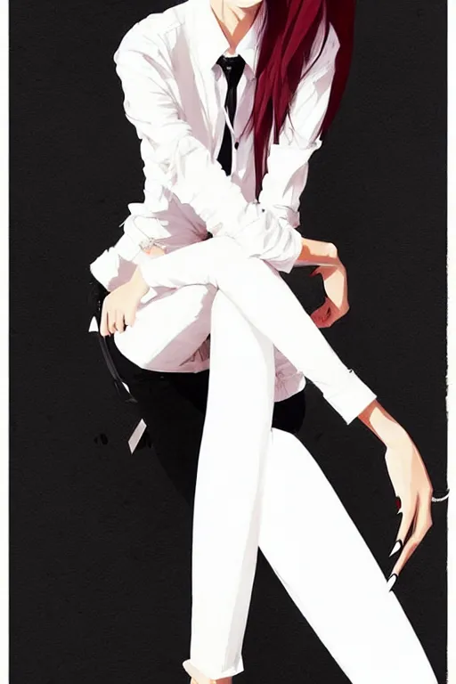 Image similar to a ultradetailed beautiful panting of a stylish woman, she is wearing a white shirt with a tie and black pants, by conrad roset, greg rutkowski and makoto shinkai trending on artstation