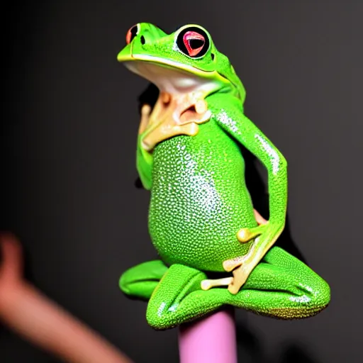 Prompt: fashion show event where a super cute smiling green tree frog is dressed in a pink skirt,, photo realistic, matte image