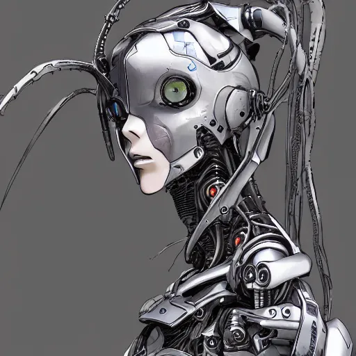 Image similar to beautiful and ultradetailed female cyborg painted in miyazaki color style drawn by tsutomu nihei, high detail, intricate linework, sharp, ghost in the shell, smooth face, china doll face, high detail, manga and anime