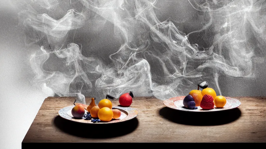 Image similar to we’re all made up stars theme, various fruits on a ornated porcelain plate on a wooden intricated table, ancien abandoned kitchen, detailed, photorealism, autumn rays of light come from the window, diffuse light, smoky background, fluid coloured smoke, octane render