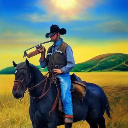 Prompt: hyper realistic oil painting of a cowboy on his horse while holding his revolver looking at the distance the background is a small town the weather is sunny