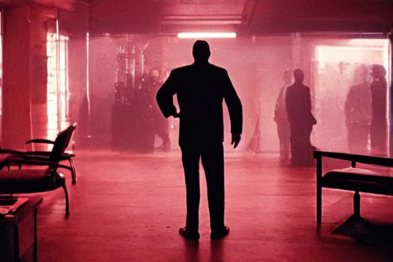 Prompt: back view of a man facing an audience at the atmospheric and obscure, red neon light, by roger deakins, cinematography, syd mead