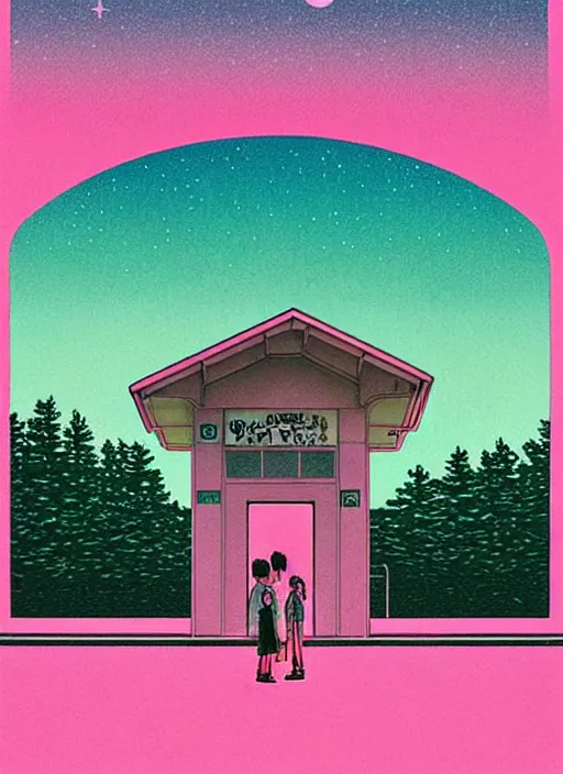 Image similar to realistic poster of stranger things, futuristic, dreamy, in shades of pink and green light, highly detailed, 8 0 - s style poster, sharp focus, illustration, art by kawase hasui,