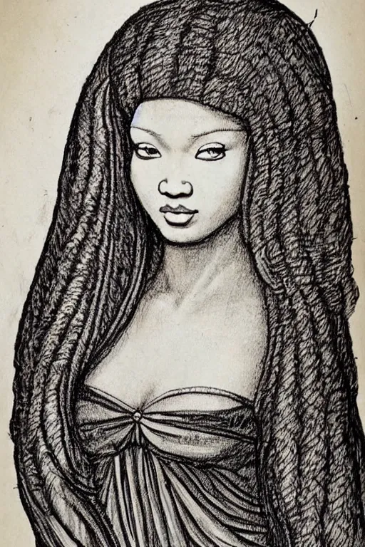 Image similar to a portrait of nicki minaj in the style of leonardo da vinci drawing,, single head, no double head,