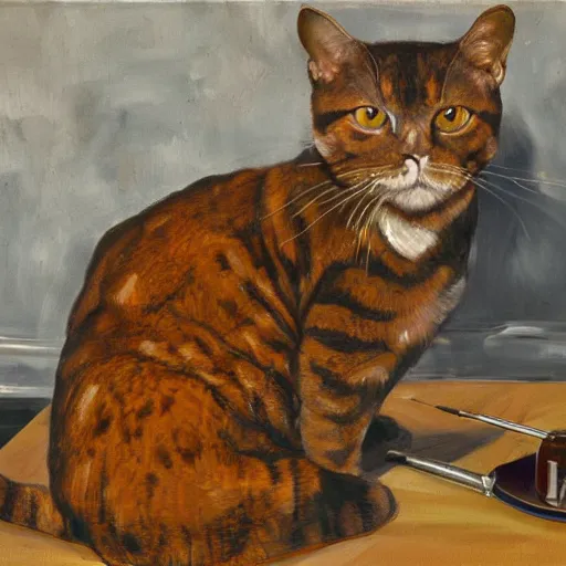 Image similar to high quality high detail painting by lucian freud, hd, ewan mcgregor painting a canvas on easel by river seine dressed as a gentleman in paris at early 2 0 th century. brown cat with him