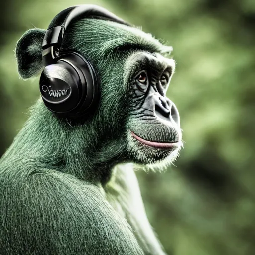 Image similar to a high quality photo of a green chimp wearing headphones, realism, 8k