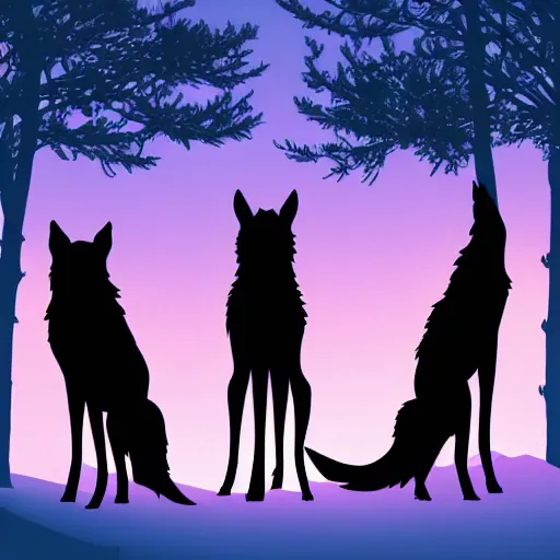 Prompt: silhouette art of wolves in a forest, good proportions, stunning, sunset, intricate, 4 k wallpaper, trending on artstation gradient black to purple