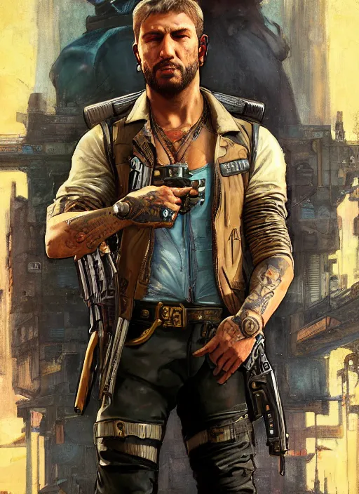 Image similar to arthur morgan. cyberpunk mercenary with tattoos wearing a military vest and combat jumpsuit. (Cyberpunk 2077, bladerunner 2049). Iranian orientalist portrait by john william waterhouse and Edwin Longsden Long and Theodore Ralli and Nasreddine Dinet, oil on canvas. Cinematic, hyper realism, realistic proportions, dramatic lighting, high detail 4k