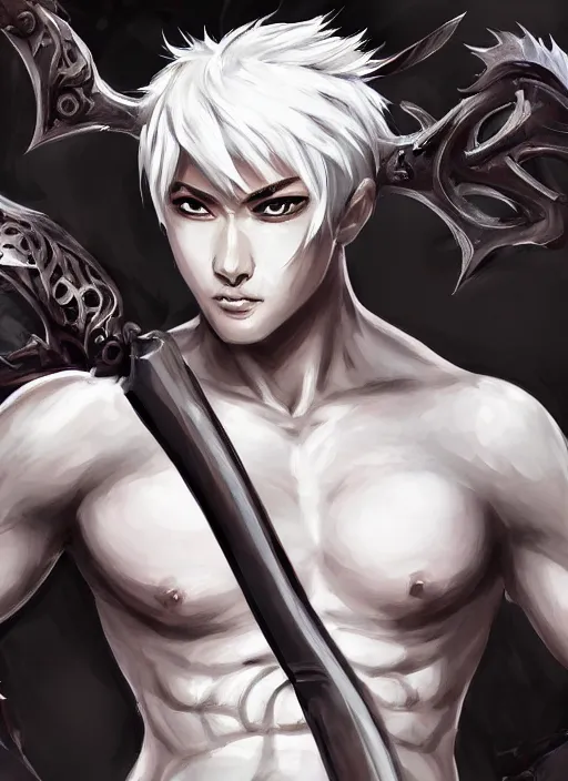 Image similar to a highly detailed illustration of fierce short white haired parted through the middle young attractive asian man, wearing hakama, with black sclera eyes, heroically battle posing, muscular, intricate, elegant, highly detailed, centered, digital painting, artstation, concept art, smooth, sharp focus, league of legends concept art, WLOP