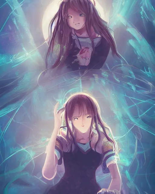 Image similar to a portrait of a teenage girl on a haunted ghost ship, full shot, very anime, digital art, great use of line work and color, captures emotion and movement, fantastic lighting and shading, flawless composition, dynamic, detailed face, smooth