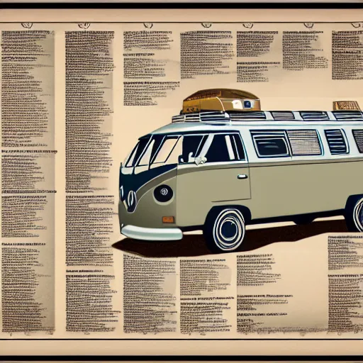 Image similar to detailed schematic for a vw vanagon with rocket engines, faded parchment, aged, descriptions, highly detailed, 8 k,